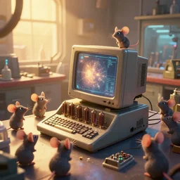epic professional digital art of an old fashinoed vacuum tube computer in the middle of a lab run by cartoon mice, golden hour lighting, well composed, digital art, best on artstation, cgsociety, wlop, cosmic, epic, stunning, gorgeous, much detail, much wow, masterpiece