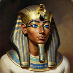 a closer hero portrait of a live nubian temple guard with very piercing blue eyes, incredibly charismatic. in old egypt. masterpiece, dramatic light and shadow, saturated colors, ciaroscuro. painted by carl larsson