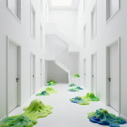 a flood of slime in a bright white hallway with many doors and many stairs, Mc Escher architecture, epic composition, cgsociety, hyperdetailed, 8k