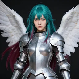 portrait of angelic female guardian, vibrant teal and maroon hair, silver armor, strong line, vibrant color, dynamic pose, beautiful! coherent! by frank frazetta, high contrast, minimalism