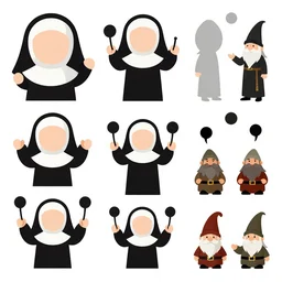 game asset sheet, material study, 2 d sprite, chibi ( nuns, priests and gnomes ) juggling icons