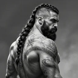 back portrait, black and white concept art of a tall muscular man, looking over his shoulder with a full black beard, barbarian with white and gray skin, very short hair on sides of head, long braided hair on top of head, tribal tattoos on back, grog, upper body portrait, style by donato giancola, wayne reynolds, jeff easley dramatic light, high detail, cinematic lighting, artstation, dungeons and dragons
