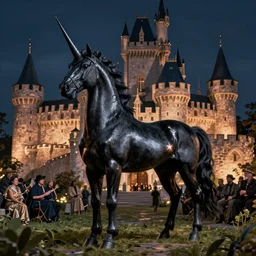 black unicorn stand near castle at night, night light, rtx reflection's, norman rockwell, tim hildebrandt, viktor safonkin, dariusz zawadzki, bruce pennington, larry elmore, intricate details, hyperrealistic matte painting, deep depth field