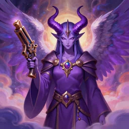 fine detailed digital painting concept art of tielfing cleric dnd character holding fantasy gun, angelic face, magestic purple horns, purple skin color, art station, mystic magic clouds background, colorful, moebius color style, final fantasy castelvania game art