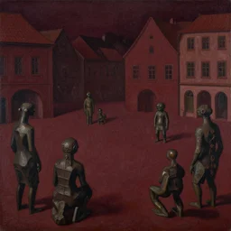 slovenly creatures in a maroon town square by beksinski, dark canvas, in the style of edward hopper rodcenko yue minjun caravaggio, intricate details, hard shadows, artstation