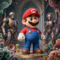 hyperrealistic detailed super mario, art by ernst haeckel, john william godward, android jones, h. r. giger, gothic - cyberpunk, ornamental, dimmed pastel colours,
