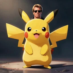 A Pikachu with the clothes of Arnold Schwarzenegger in Terminator, comics style
