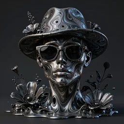 a head made out of melting metal, dark palette, acrylic pour style, it is wearing sunglasses and a hat, there are flowers all around it, vogue cover style, demonic style, smooth fractal style, ethereal fantasy style, 3 d perfect render style, horror style