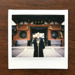 shaolin master that looks like rasputin!!!! with his dragon!!! at thr gate of the japanesse temple, polaroid, rolleiflex tlr