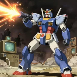 very sharp and focused action pose of mecha robot shooting from plasma cannon, illustration concept art anime key visual trending pixiv fanbox by wlop and greg rutkowski and makoto shinkai and studio ghibli and kyoto animation, the next generation style, federation clothing, retro vintage screens, symmetrical facial features