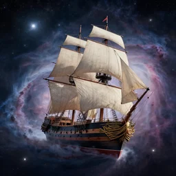 A centuries old sailing ship riding through a nebula in space, digital art, photorealistic, 8k, trending on ArtStation