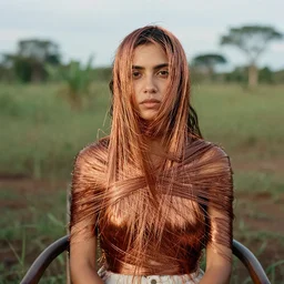 closeup portrait of a woman wrapped in copper fiber, sitting in a chair, in pantanal, color photograph, by vincent desiderio, canon eos c 3 0 0, ƒ 1. 8, 3 5 mm, 8 k, medium - format print