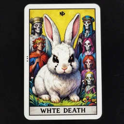 white rabbit death tarot card, highly detailed, half skull face, cinematic, 8 k, by stanley artgermm, tom bagshaw, greg rutkowski, carne griffiths, ayami kojima, beksinski, giger, trending on deviantart, hyper detailed, horror, full of colour