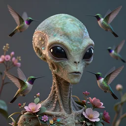 head and shoulder portrait of alien, surrounded by hummingbirds and fine floral ornaments, eye - level medium - angle shot, floral background, by esao andrews, by m. w. kaluta, by yoshita amano, by giger, moody evening lighting, smooth, 3 d octane render, depth perception, 4 k, artstation
