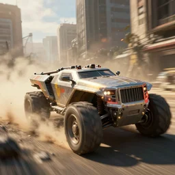 macro closeup photo of combat teslatruck being chased in a post apocalyptic fallout 4 overgrown city, 3 pm, smoke, dust, embers, mad max, action, speed, rocket league, volumetric lighting, hdr, need for speed, gta 5, ridley scott, syd mead, craig mullins, cinematic, fast and furious, blade runner, octane, 8 k
