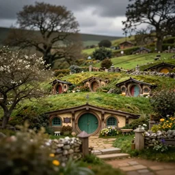 tilt shift photography, extreme dof, miniature hobbit houses in the shire