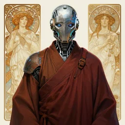 character sheet for a scifi monk with robotic helmet, intricate digital painting artstation concept art smooth sharp focus illustration, art by artgerm and paul chadeisson and greg rutkowski and alphonse mucha, octane, 3 d render