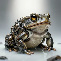 a beautiful intricate fine art portrait photo of a mechanical industrial steampunk cybernetic toad, by tom bagshaw and zach sutton, perfection!, milk bath photography,  studio lighting, backlight, 35mm lens, very detailed, bionic, cybernetic scifi, deep depth of field, artstation, 8K, highly coherent
