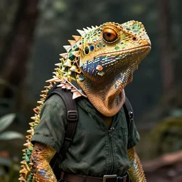 a lizard person, human dressed like a frilled neck lizard, dnd, 3 d render, unreal engine, volumetric lighting, artstation