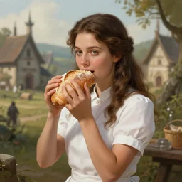 epic portrait An waitress enjoying loaf of bread, white uniform, short sleeved, brown long haired, blurry viking village backround, digital painting, artstation, concept art, soft light, hdri, smooth, sharp focus, illustration, fantasy, intricate, elegant, highly detailed, D&D, matte painting, in the style of Greg Rutkowski and Alphonse Mucha and artemisia, 8k, highly detailed, jurgens, rutkowski, bouguereau, pastoral, rustic, georgic