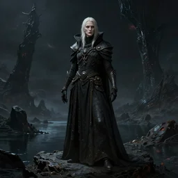 A dark gothic sci-fi portrait of a majestical degen trader standing in a dramatic pose on a dark planetary exotic landscape with a dark lake and rocks, by Wayne Barlowe, by Bruce Pennington, by Paul Lehr, by HR Giger, masterpiece, trending on artstation, top on pixiv, cinematic composition, astrophotography, beautiful aesthetic lighting, artgem, concept art, sharp, details, details, hyper-detailed, no frames, 8K