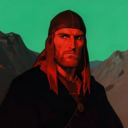 portrait of barbarian on mountain, coherent! by mariusz lewandowski, by frank frazetta, deep color, strong line, red green black teal, minimalismhigh contrast