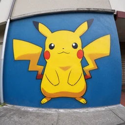 pikachu spray painted on the wall, wide angle lens