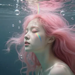 harmony of underwater bubbles, light language, pink haired jimin eyes closed, rainbow line - art, by wlop, james jean, victo ngai! muted colors, highly detailed, fantasy art by craig mullins, thomas kinkade