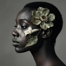 a beautiful black womans face, made in profile of flower and leaf skeleton, in the style of dutch masters and gregory crewdson, dark and moody,