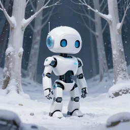 digital painting. a small glossy white cybernetic robot stands on the snowy ground in a forest of white trees at night. snowing. beeple. cyril roland. naomi okubo. trending on artstation.