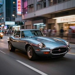 award winning photo of an ultra detailed high quality!! jaguar e - type!! car, shiny, reflective, lowered suspension, speeding very fast along a neon lit hong kong street, fast shutter speed, motion blur, tiny gaussian blur, highly detailed, highly intricate, depth of field, trending on top gear, full car body, wide angle lens