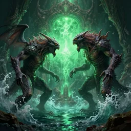fight of two lovecraftian monsters on alien planet, water wave, ornate and intricate, glowing nether portal, dim painterly lighting volumetric aquatics, jaw droping by anton fadeev, by rhads, 4 k, detailed, subsurface scattering, green lighting