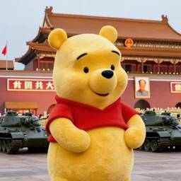grainy photo of winnie the pooh in tiananmen square, tanks