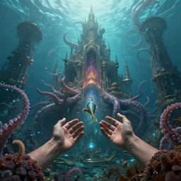 beautiful digital fantasy illustration of an underwater city surrounded by tentacles, the forge of worlds, concept art by xul solar, two hands reaching for a fish, fractalism, high detail texture, unreal engine, 8 k, photographic quality, ultra hyper realistic quality, 8 k definiton, hyper - realistic, cinematic, cinematic lighting