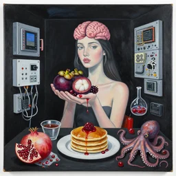 apartment with black walls, portrait of a woman holding a brain, mangosteen, electrical components, berries dripping juice, pancakes, pomegranate, bones, sensual, computer chips, berries, octopus, scientific glassware, neo - expressionism, surrealism, acrylic and spray paint and oilstick on canvas