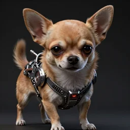 a vicious cyborg chihuahua, ultra realistic, dramatic lighting, intricate details, highly detailed by peter mohrbacher, boris vallejo, hajime sorayama, wayne barlowe,