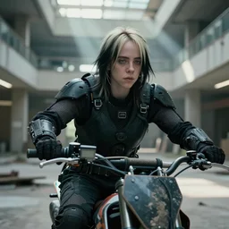 cinestill 5 0 d candid photographic portrait by stanley kubrick of billie eilish as a cyborg wearing rugged black mesh techwear on a dirtbike through an abandoned mall, extreme closeup, modern cyberpunk moody emotional cinematic, liminal overgrown god rays, 8 k, hd, high resolution, 3 5 mm, f / 3 2, ultra realistic faces, ex machina