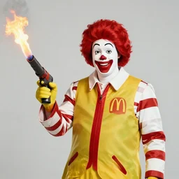 portrait photo still of mcdonald's ronald mcdonald holding a flamethrower, wearing a ronald mcdonald afro, still from the movie the matrix 1 9 9 9, mostly peaceful protest, 8 k, 8 5 mm f 1. 8