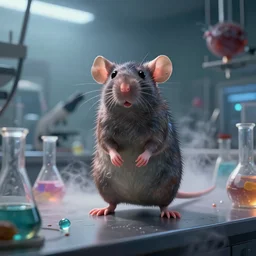 highly realistic intricate rat standing on all fpur legs on a desk in a laboratory with lots of flasks filled with magic liquids and poisonous fog, stephen bliss, unreal engine, fantasy art by greg rutkowski, loish, rhads, ferdinand knab, ilya kuvshinov, rossdraws, tom bagshaw, global illumination, radiant soft light, detailed and intricate environment