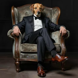 a gentleman dog in leather shoes sitting in an armchair, fluid, smooth, high contrast, sharpness, dramatic, very detailed, intricate, by windsor mckay