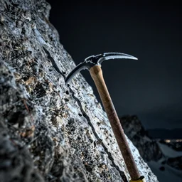 1 9 2 0 s macro photography of ice axe ice pick in a steep wall in the dolomites, photographed from below, dark, eerie, grainy