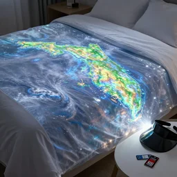 curved translucent bedsheets projecting 3 d detailed florida storm holographic volumetric weathermap, pixel perfect photograph, high contrast, volumetric lighting, thin glowing lights, bedroom, visor, users, pair of keycards on table