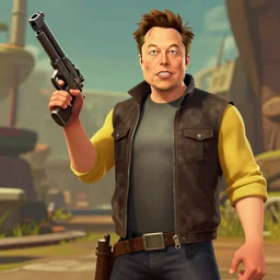 Elon Musk in Borderlands, video game, screenshot, cel shaded, holding a gun