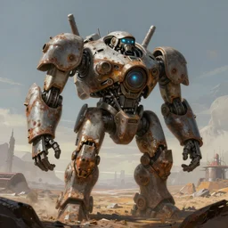 a hyperrealistic painting of a gigantic rusty and broken old mech in the middle of a tundra an alien planet, a detailed matte painting by jordan grimmer and christophe vacher, frostpunk, hires render, hirs, 8 k, 4 k, ambient light, light occlusion, vray