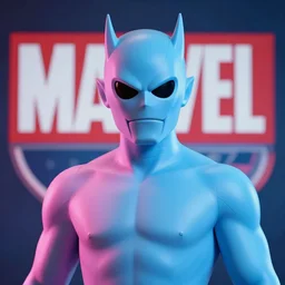 The upper torso of the character Mister Knight, with sky blue highlight light from the right and pink highlight light from the left with the background of the Marvel logo, professional photography