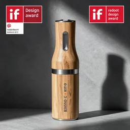 a stylish handheld electric beverage mixer ; natural materials ; industrial design ; behance ; le manoosh ; pinterest ; if design award ; reddot design award