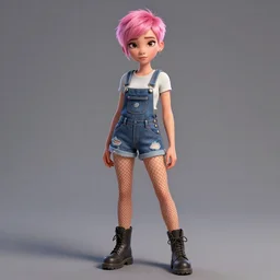 full body pose, pixar, beautiful androgynous girl, pink pixie cut hair, torn overalls, short shorts, combat boots, fishnets, beautiful, highly detailed face, true anatomy!, extremely detailed!, digital painting, unreal engine 5, art by tom bagshaw