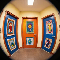 theatre access corridor background, 3 doors, fish eye, day of the tentacle, color, vibrant, crochet & knit