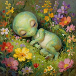 beautiful painting of a cute alien sleeping laying in colorful flowers. sci fi concept art by caravaggio