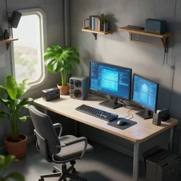detailed scifi artstation scene of a complex computer workstation in a small studio apartment room, single potted plant, many monitors, many electronics, a window view of the city, maximalism, volumetric light, sunny amber morning light, sun beam, cinematic composition